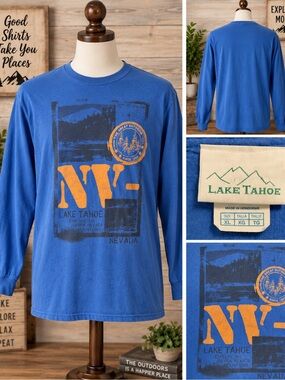 Lake Tahoe Vintage Graphic Long Sleeve T-Shirt XL Blue Nevada
